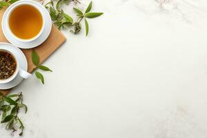 Green tea in a white teapot and cups on white background top view with copy space. Generative AI photo