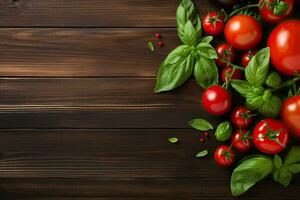Fresh tomatoes and basil on a wooden table. Top view with copy space. Generative AI photo