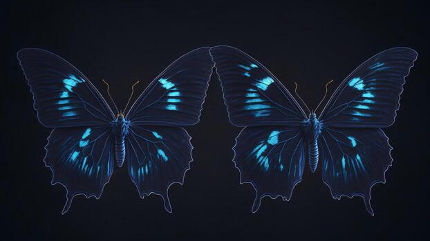 azul mariposa aislado en un negro antecedentes. 3d hacer ilustración. ai generado foto