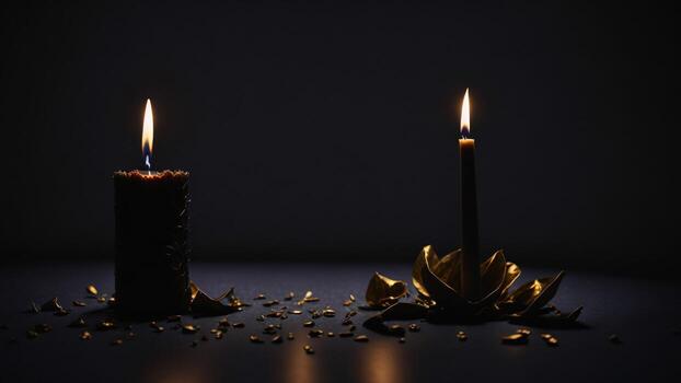 ardiente velas con dorado hojas en negro fondo, espacio para texto ai generado foto