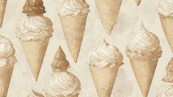 Seamless pattern with ice cream cones on old paper background. ai generated photo