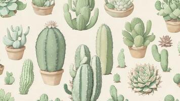 cactuses in pots seamless pattern, vintage hand drawn illustration. ai generated photo