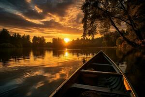 A serene evening on the tranquil autumn lakes as fishers cast their lines beneath a breathtaking sunset photo