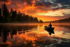 A serene silhouette of a fisherman casting his line into a vibrant sunset reflecting the beauty of autumn on calm lakes photo