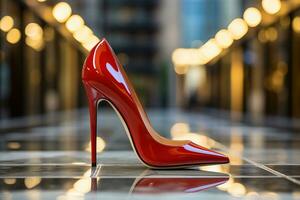 un elegante par de rojo tacones de aguja simbolizando el glamour y emoción de septiembre Moda semana eventos foto