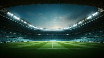 un estadio lleno con emocionado aficionados un fútbol americano campo en el primer plano antecedentes con vacío espacio para texto foto