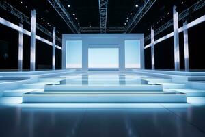 A stylish runway with empty seats and a catwalk background with empty space for text photo