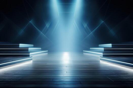 A stylish runway with empty seats and a catwalk background with empty space for text photo