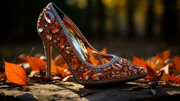 A stylish diamond-studded heel surrounded by autumn leaves showcasing the glamour and elegance of September Fashion Week photo