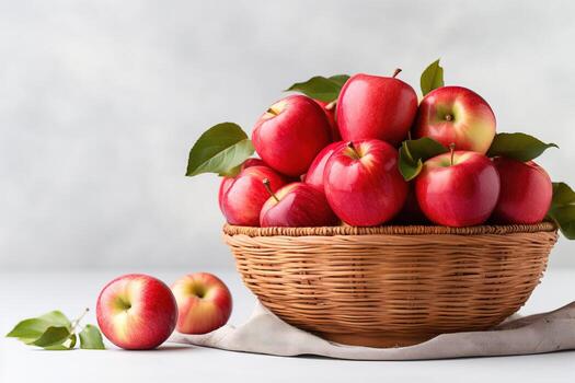 A basket filled with freshly picked apples symbolizing the bountiful harvest of autumn against a minimal white backdrop photo