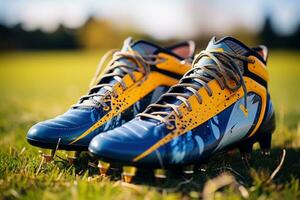 A close-up of a pair of soccer cleats laces tightly tied ready to hit the field for the football season kickoff photo