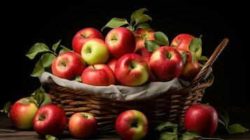 un cesta lleno con recién escogido manzanas simbolizando el abundante cosecha de otoño en contra un mínimo blanco fondo foto