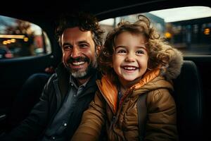 contento padre y hija mirando a cámara mientras sentado en asiento trasero de coche. generativo ai foto