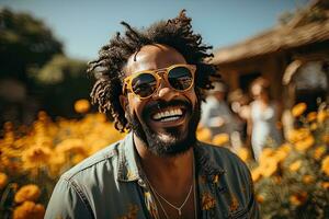 handsome young man tourist having fun on summer vacation smiling and looking at camera. Generative AI photo