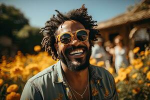 hermoso joven hombre turista teniendo divertido en verano vacaciones sonriente y mirando a cámara. generativo ai foto