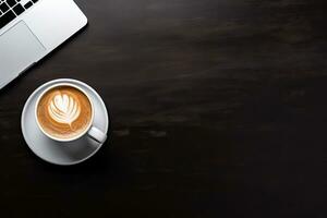 ordenador portátil y café taza en negro antecedentes. parte superior ver con Copiar espacio. generativo ai foto