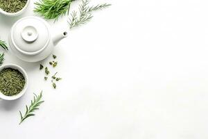 Green tea in a white teapot and cups on white background top view with copy space. Generative AI photo