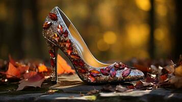 un elegante tachonado de diamantes tacón rodeado por otoño hojas exhibiendo el glamour y elegancia de septiembre Moda semana foto