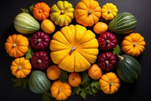 Colorful pumpkins arranged in a circle symbolize the autumn equinox a time of harvest and balance photo