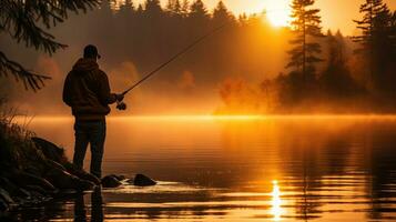 A solitary fisherman gracefully casts his line into a serene autumn lake capturing the beauty of a tranquil sunset photo