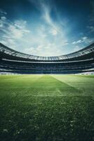 A close-up of a football field with fans in the stands background with empty space for text photo