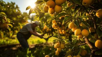 A group of workers carefully pluck ripe golden apples from the trees creating a picturesque scene in the orchard photo