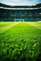 A close-up of a football field with fans in the stands background with empty space for text photo