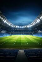 un estadio lleno con emocionado aficionados un fútbol americano campo en el primer plano antecedentes con vacío espacio para texto foto