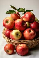 A basket filled with freshly picked apples symbolizing the bountiful harvest of autumn against a minimal white backdrop photo