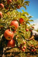 un equipo de trabajadores cosecha maduro manzanas en un vasto huerta antecedentes con vacío espacio para texto foto