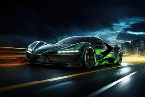 the futuristic sports car is driving on the road at night . AI Generated photo