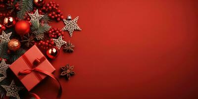 Navidad antecedentes con rojo y oro decoraciones . ai generado foto