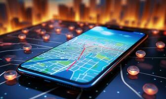 Pointing smartphone with gps navigation and map icons on blurred road abstract background . AI Generated photo