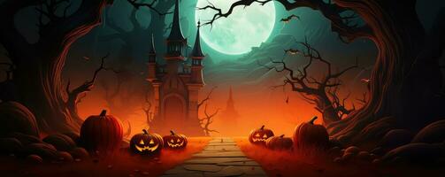 Halloween greeting card with full moon, white ghost, pumpkin, bat and dry tree . AI Generated photo