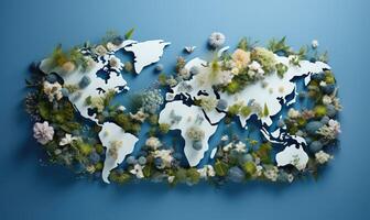 mundo mapa hecho de flores y plantas azul antecedentes demostración el belleza de naturaleza y sus presencia alrededor el mundo . ai generado foto