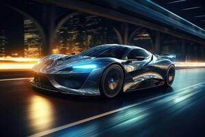 the futuristic sports car is driving on the road at night . AI Generated photo