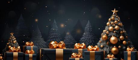 christmas background with golden gifts and trees . AI Generated photo