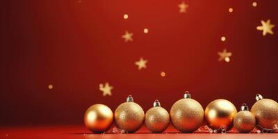 golden christmas balls on red background . AI Generated photo