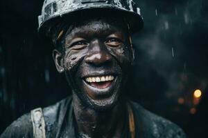 Coal miner portrait. Man with dirty face in underground mine. Generative AI photo