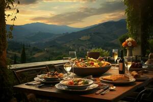 Romantic dinner with view of mountain at sunset. Generative AI photo