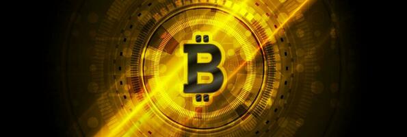 Abstract glowing technology background with bitcoin emblem vector