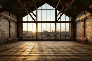Interior of modern loft with wooden floor and panoramic city view. Generative AI photo