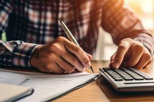 Accounting Calculating Mathematic Economic Finance Concept.Businessman using calculator and writing financial report in office. Generative AI photo
