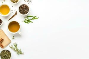 Green tea in a white teapot and cups on white background top view with copy space. Generative AI photo