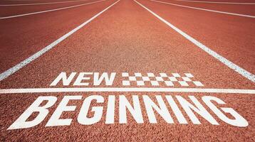 New beginning. Letters on red rubber running track. concept of inspiration for starting new ideas photo