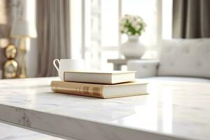 Close - up Modern white table top with free space to edit your product display with books above the living room blurred in the background. Generative AI photo