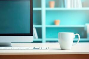 Office desk table with keyboard and coffee cup. Top view with copy space. Generative AI photo