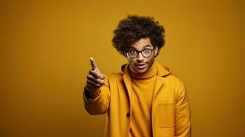 smiling african american man pointing with finger at camera isolated on background. Generative AI photo