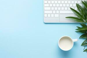 Office desk table with keyboard and coffee cup. Top view with copy space. Generative AI photo