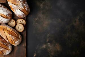 Freshly baked bread and wheat ears on rustic background. Top view with copy space. Generative AI photo